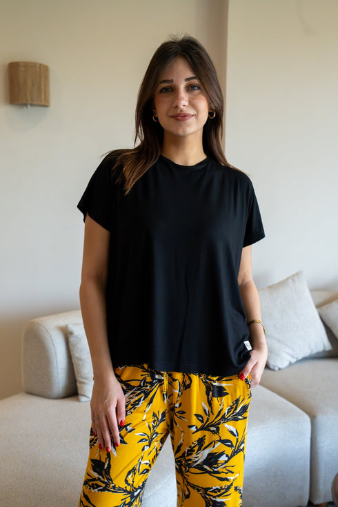 Women summer pajama set Oversized Black shirt + Leaves Pattern Pants